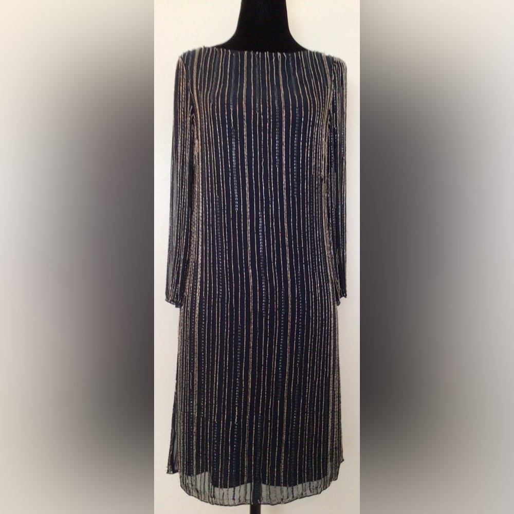 ALICE + OLIVIA Navy Silk and Pewter Beaded Dress Size 4 US. VALUE $1,000